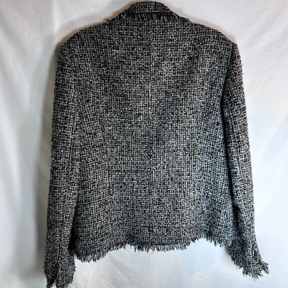 Adec 2 Tweed Wool Blazer Women's Size 12 Black White Frayed Jacket - Picture 2 of 4